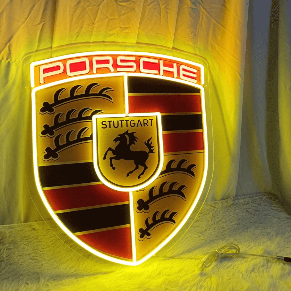 magnifique néon led de l'écusson porsche pour les fans de véhicules de prestige.
